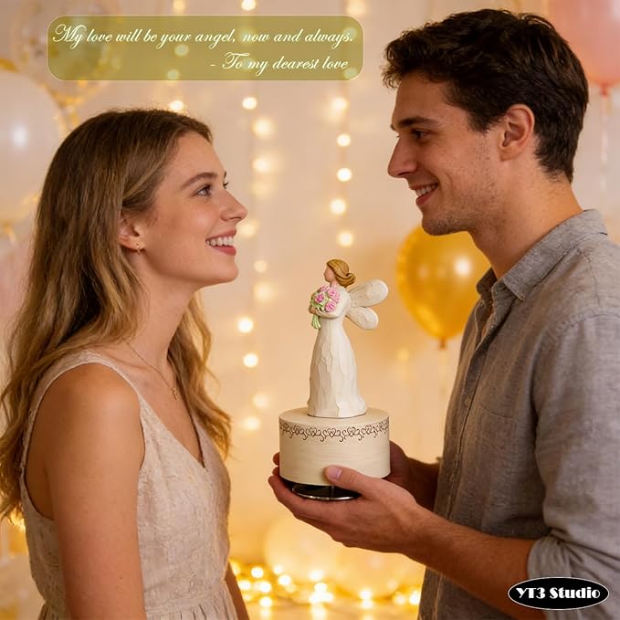 Angel with Flowers Resin Music Box, Hand-Wind Rotating Angel Figurines Musical Gift for Women, Mothers, Daughters - Perfect for Christmas, Birthday, Mother's Day & Anniversaries