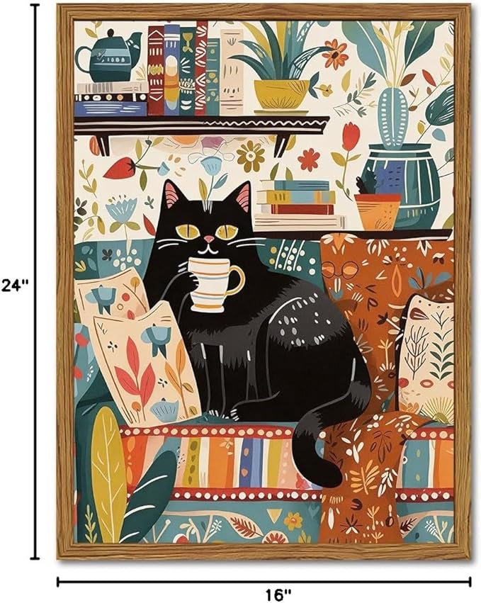 Framed Funny Black Cat Canvas Wall Art, Cute Cat Drinking Coffee on Sofa Pictures Wall Decor, Eclectic Animal Paintings Prints Boho Home Decor for Living Room Cafe Kitchen Bar 16x24 inch