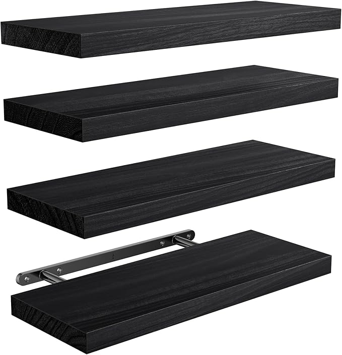 AMADA HOMEFURNISHING Floating Shelves, Paulownia Wood Wall Shelves for Bathroom/Living Room/Bedroom/Kitchen/Home Office, Natural Wood Floating Shelf for Home Storage & Organization, Set of 4, AMFS40B