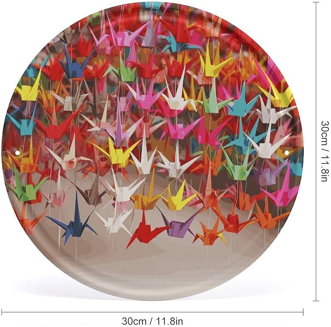 Wall Picture, with Origami Paper Cranes Printed Circular Iron Hanging Picture,Wall Art Decor,Home for Bedroom Living Room Bathroom Decor,Iron Painting 11.8X11.8 in