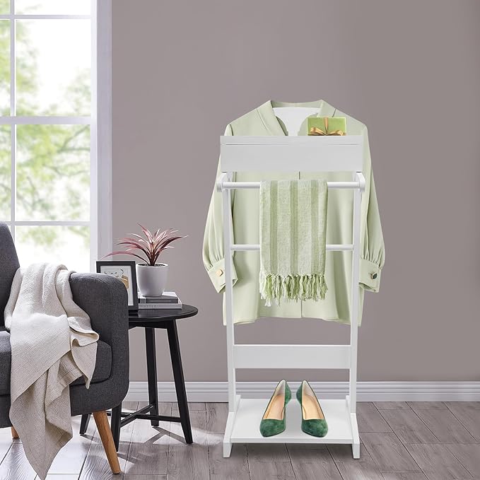 Wood Suit Rack Stand, Freestanding Valet Stand with Base and Drawer, Suit Valet Stands Organizer for Men and Women, Clothes Coat Valet Rack for Bedroom Office Entryway(White)