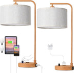 Innqoo Bedside Table Lamps for Bedroom Set of 2-Dimmable Nightstand Lamps with USB Port and Outlet,Modern Wood Lamps with Linen Shade,Tall Desk Lamps for Home Office Bedroom Living Room End Table