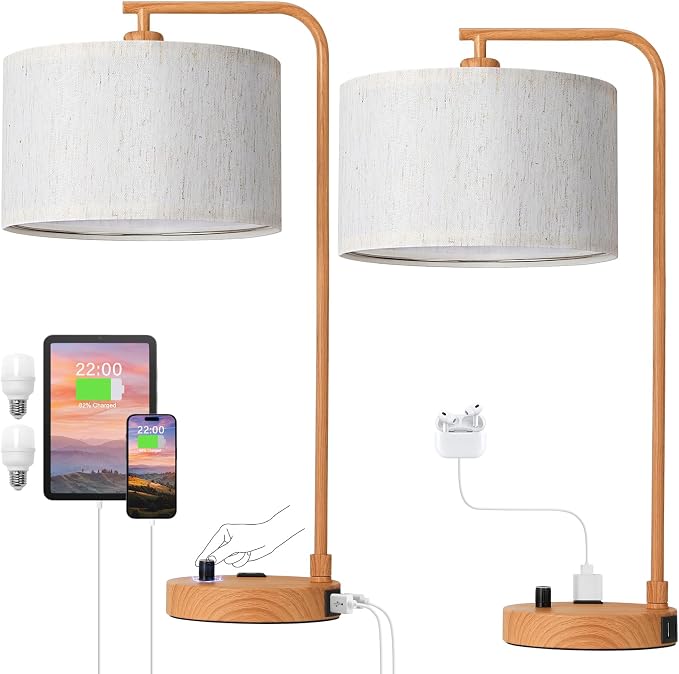 Innqoo Bedside Table Lamps for Bedroom Set of 2-Dimmable Nightstand Lamps with USB Port and Outlet,Modern Wood Lamps with Linen Shade,Tall Desk Lamps for Home Office Bedroom Living Room End Table