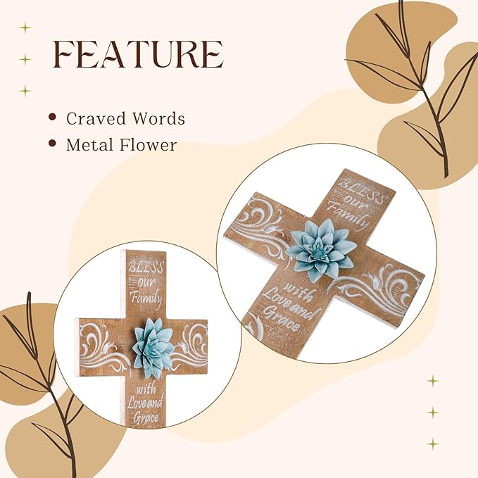 TRENDIN Rustic Cross Decor for Wall, Wooden Decorative Wall Cross with Metal Flowers, Bless Our Family Christian Home Decor, Farmhouse Hanging Art for Living Room, Entryway, Bedroom