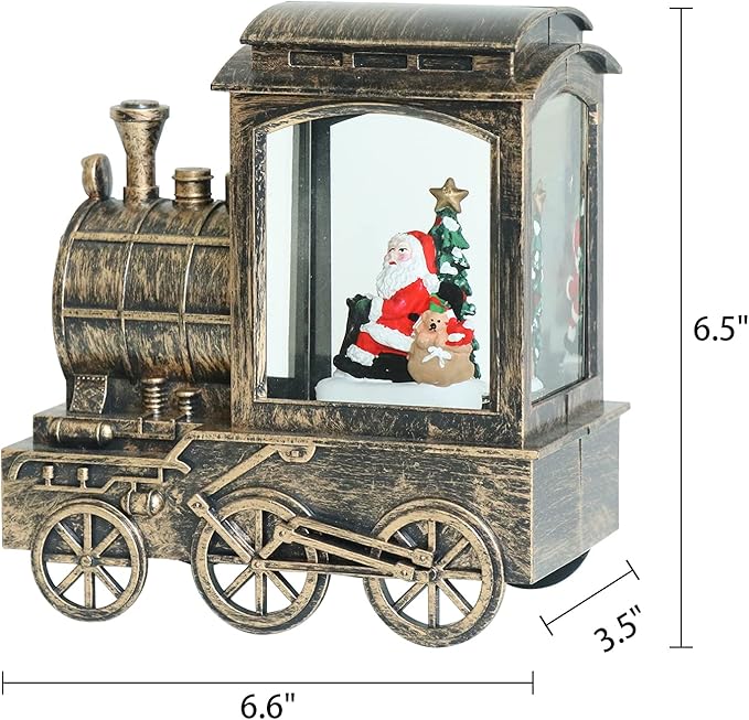 Music Snow Globe Train Lantern with Music and Timer, Battery Operated and USB Cable Santa Lighted Snow Globe Spinning Water Glitter (Bronze, USB Included)