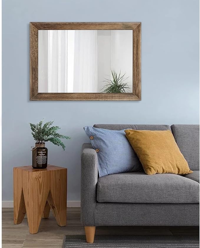 AAZZKANG Rustic Wood Mirror Rectangle Decorative Wall Mirrors with Frame Large 26"x18"for Bedroom Living Room Bathroom Entryway Hanging Brown