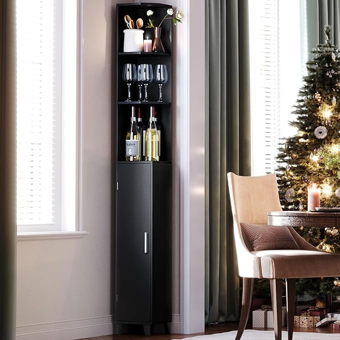 MOHOPE Corner Shelf with Cabinet, 74.8" Tall Corner Display Cabinet with Door, 5-Tier Narrow Bookshelf with Adjustable Shelves for Living Room, Bathroom, Dining Room, Small Space, Black