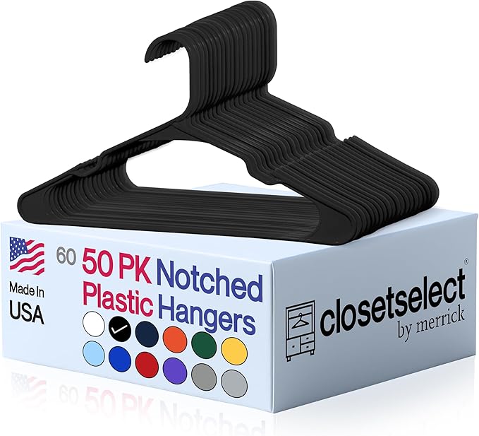 Plastic Hangers 50 Pack - Space Saving Clothes Hangers, Made in USA, Durable & Strong Plastic Shirt & Coat Hanger with Notches & Shoulder Grooves, Non-Slip Clothing Hangers | Black