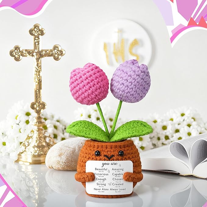 Wavwavw Christian Gift for Women Positive Handmade Crochet Tulips Doll with Bible Verse Prayer Card Inspirational Scripture Religious Crochet for Christmas Sunday Group Church