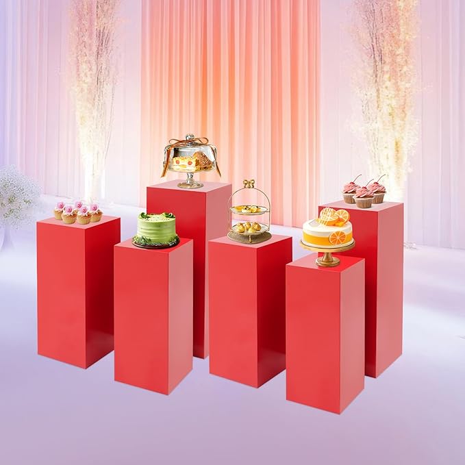 6Pcs Square Display Pedestal Stands Set for Party, Metal Display Stand Plinth Pillars, Cake Stands Pillars for Wedding Birthday Art Decor Risers, 11.8*31.5" (L), 11.02*25.6" (M), 10.24*23.6" (S)