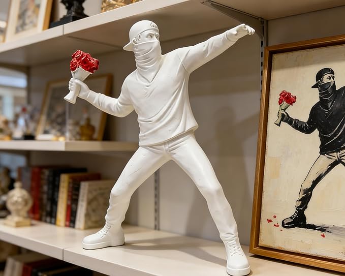 Banksy Flower Thrower Sculpture, 8.5 inch White Banksy Street Graffiti Art Statue Replica, Inspirational Sculpture Gifts Peace Hope