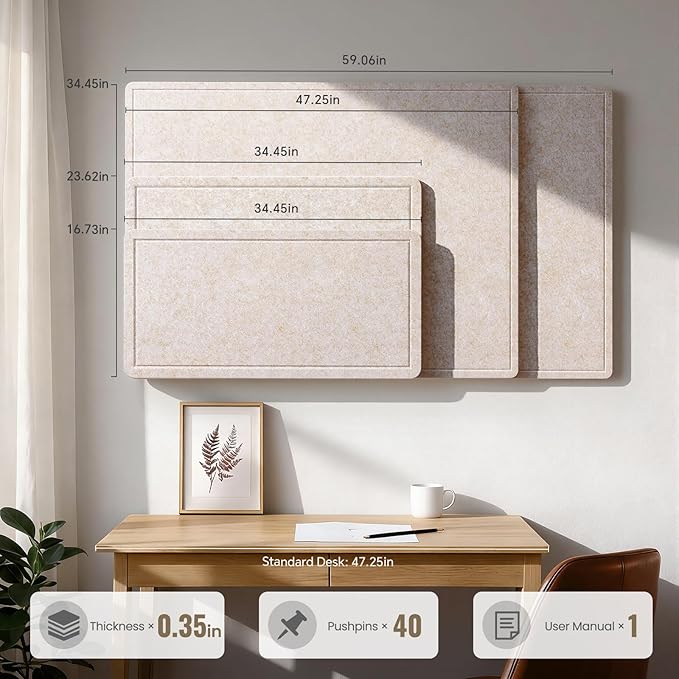 Large Bulletin Board, 48 X 35 Inches Felt Cork Board with 40 Pushpins, Foldable Felt Notice Pin Board Photo Display Board with Self-Adhesive Tape for Office Home School (Oatmeal, 48x35 inch)
