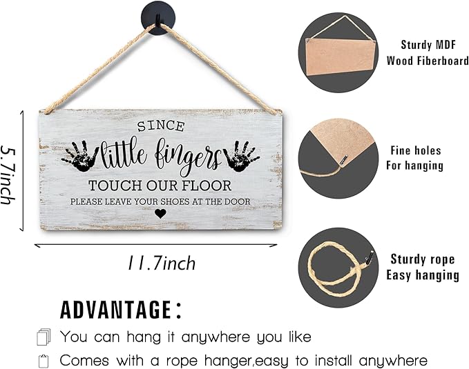 Wall Pediments Shoes Off Sign,Shoes Off Sign for Front Door,Since Little Fingers Touch Our Floor Door Sign,Shoes Off Hanging Welcome Sign for Front Door,12x6 Inches，Wood Grain-2