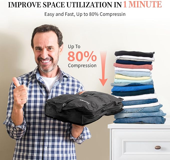 Vacuum Compression Bags for Travel with Electric Pump, Space Saver Vacuum Seal Bags for Clothing with IPX8 Waterproof Zipper, Reusable & No Odor for Suitcase and Backpack, Gray (2PC+Pump)