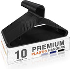 HOUSE DAY Black Plastic Hangers 10 Pack, Plastic Clothes Hangers with Built-in Hooks, Durable and Strong Coat Hanger for Closet, Space Saving Clothing Hanger for Shirts, Coats, Skirt, Dress