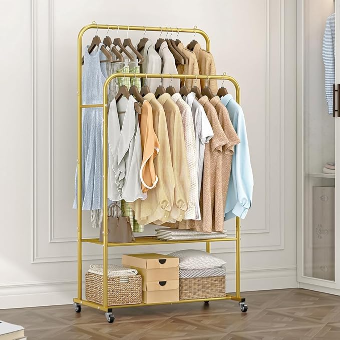 SUOERNUO Clothes Rack with Wheels Garment Rack for Hanging Heavy-Duty Clothing Rack Metal Rolling Clothes Shelves for Bedroom, Closet (Golden)