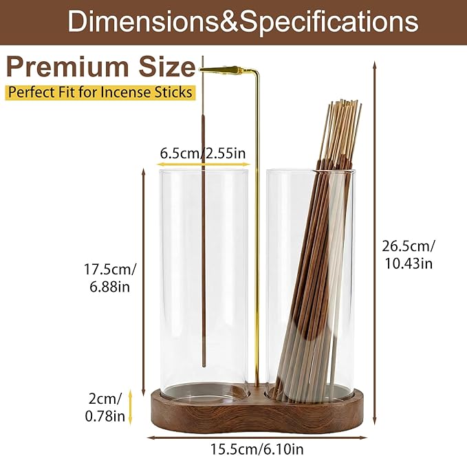 Incense Holder,Wooden Incense Holder for Sticks with 20 Incense Sticks, Anti-ash Incense Burner with Glass Ash Catcher, Wood Incense Holder 20 Stick (2 Glass Ellipse Base)