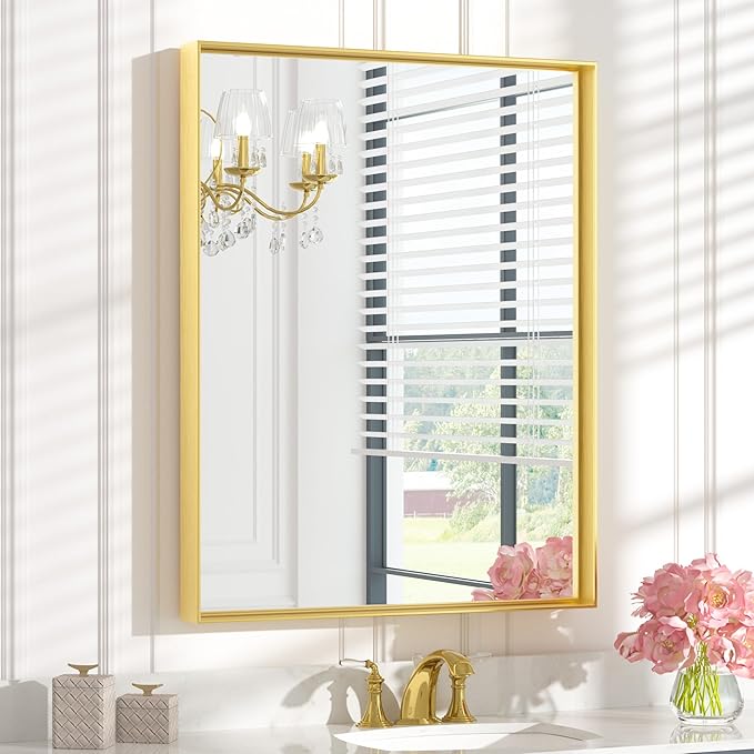 Keonjinn Gold Bathroom Vanity Mirror 28” x 36” Rectangular Wall Mirror Brushed Metal Frame Rectangle Bathroom Mirror for Over Sink Modern Farmhouse Square Corner Framed Mirror(Horizontal/Vertical)