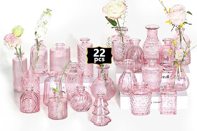 Mini Bud Vases Centerpieces for Tables,Clear Bud Vases for Flowers,Small Flower Vases Suitable for Birthday Party,Anniversary,Wedding Reception,Baby Shower (Pink, 22PCS)