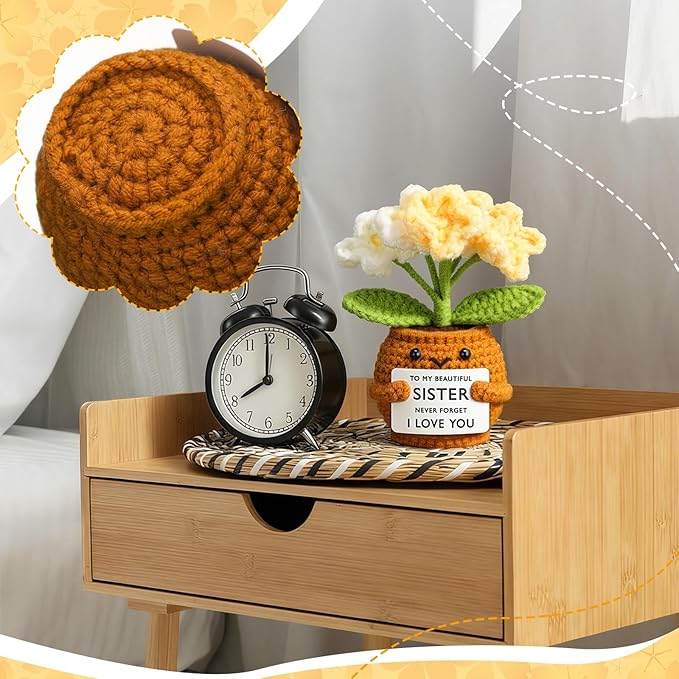 Wavwavw Sister Gifts Handmade Crochet Doll with Card Crochet Present for Sisters Sis Big Little Sister Birthday Wedding Home Decor(Yellow Myosotis)