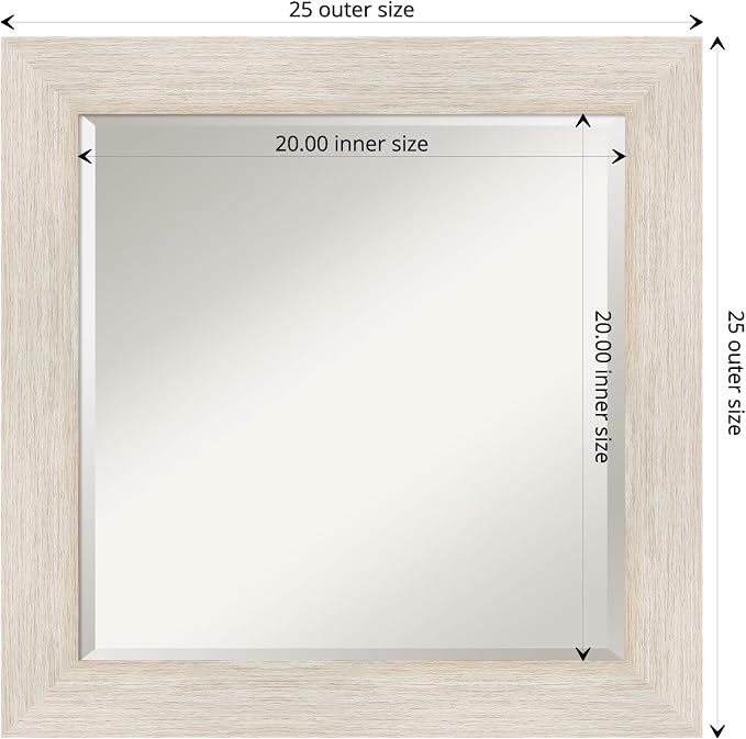 Amanti Art White Wall Mirror 25x25 Hardwood White Wash Square Bathroom Mirror for Wall Decor Living Room, Medium Country Rustic Wood Frame, Hangs Horizonally and Vertically, Bathroom Decor, Beveled