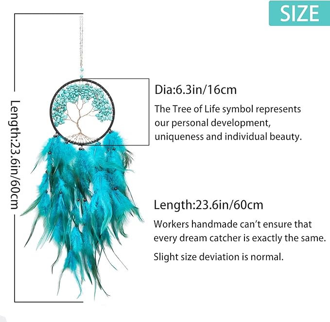 Pretty Jolly Aqua Blue Tree of Life Dream Catcher Wall Decor with Healing Crystal Stone Handmade Blue Green Feather Dream Catchers Decoration Wall Hanging Bedroom Room Wedding Party Wish Gift-25.6"