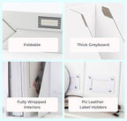 BLU MONACO Set of 6 Foldable White Magazine File Holders | Vertical Desk File Organizer Boxes With Leather Label Holders | Stylish Cardboard Magazine Storage for Shelves, Workspace and Home Office