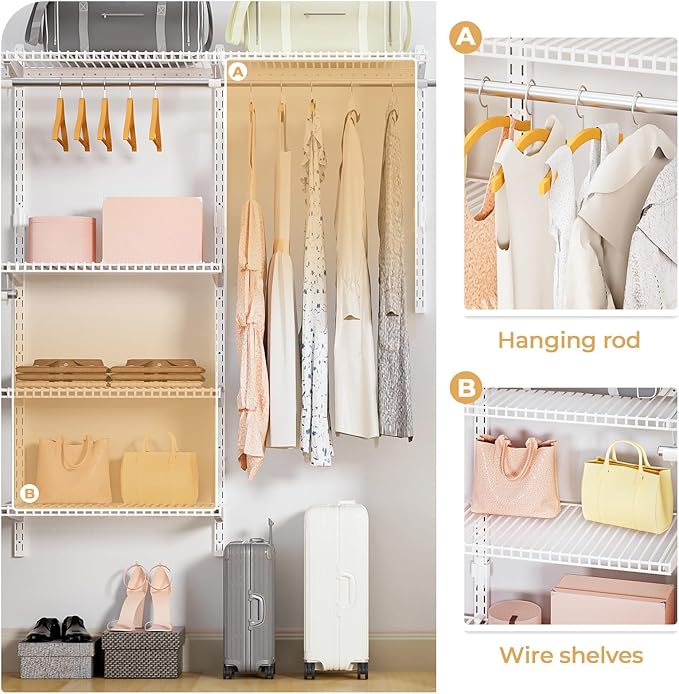 Wire Closet Organizer System, Wall Mounted 6.5 Ft. Custom Closet Kit for Bedrooms Laundry Mudroom Garage Basement, Adjustable Storage Shelves for Clothes Shoes Handbags