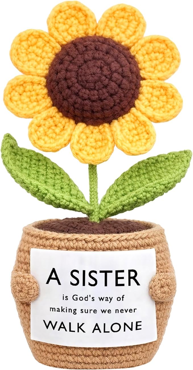 Wavwavw Sister Gifts Handmade Crochet Doll with Card Crochet Present for Sisters Sis Big Little Sister Birthday Wedding Home Decor(Helianthus)