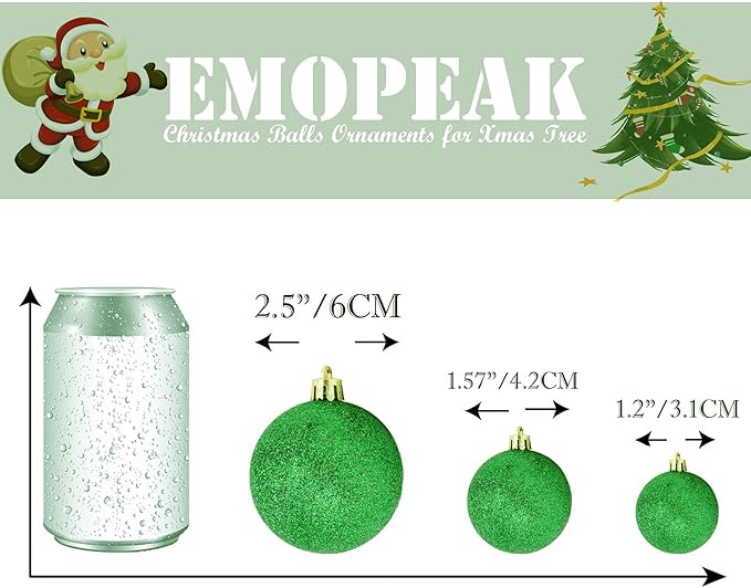 Emopeak 24Pcs Christmas Balls Ornaments for Xmas Christmas Tree - 4 Style Shatterproof Christmas Tree Decorations Hanging Ball for Holiday Wedding Party Decoration (Grass Green, 1.6"/4.2CM)