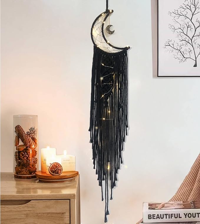 Dream Catchers Moon Dream Catcher with Light, Black Dream Catcher for Girls Boys Bedroom Wall Decor Christmas Decor, Macrame Dream Catchers Boho Room Decor for Teen Girls Boy Birthday Gift Women