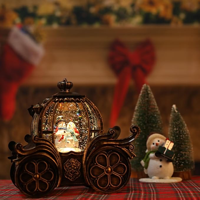 Snowman Sled Car Christmas Snow Globe Lantern-Glittering Light Up Musical Snow Globe Christmas Decorations, 6H Timer, USB & Battery Operated, Snowman Sled Car Indoor Home Décor
