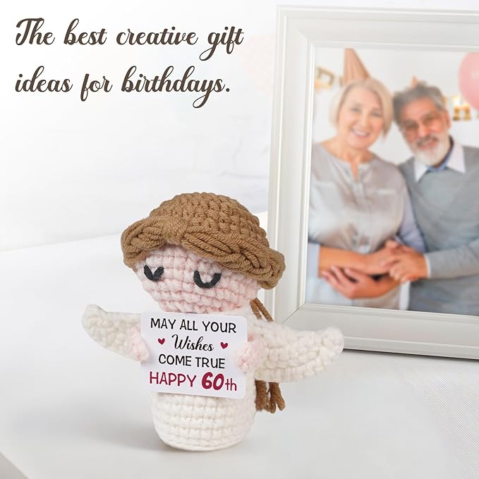 60th Birthday Gifts for Women Men, 1966 60th Birthday Decorations, Happy 60 Year Old Gifts for Family Friends Colleagues - Handmade Positive Angel Crochet Doll