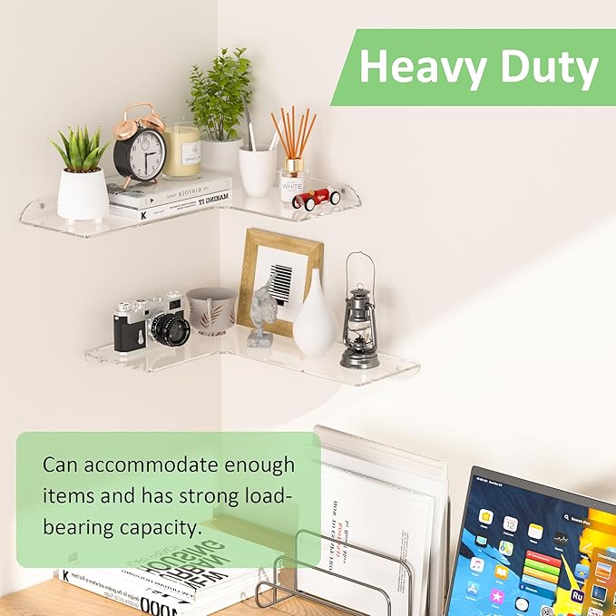Sezanrpt 11.4x16 Inch Acrylic Corner Floating Shelf Set of 2, Clear Corner Wall Shelf for Home Décor, Speakers, Security Cameras, Toileries, Plants, Figures, Cosmetics, Books