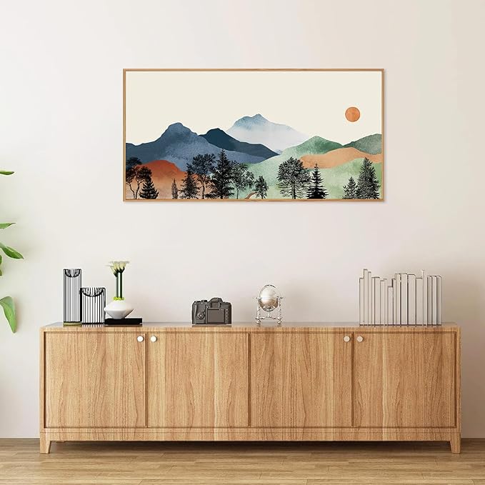 SIGNINART Boho Mountain Framed Canvas Wall Art, Watercolor Nature Landscape Art Prints, Modern Sunrise Art Paintings, Green Forest Wall Decor for Living Room, Bedroom, Office 20"x40"