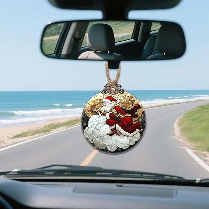 DASTOLL Stained Glass Christmas Decorations, Santa Claus Riding A Cloud Suncatcher for Window Christmas Tree Hanging Ornaments Gold Star Sun Catcher Xmas Decor Gifts for Women Men Mom Nana Friend