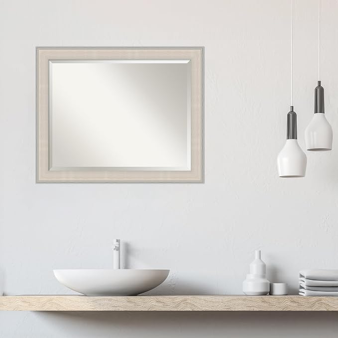 Amanti Art White Wall Mirror 26x32 Cottage White Silver Rectangle Bathroom Mirror for Wall Decor Living Room, Large Cottage Wood Frame, Hangs Horizonally and Vertically, Bathroom Decor, Beveled Edge