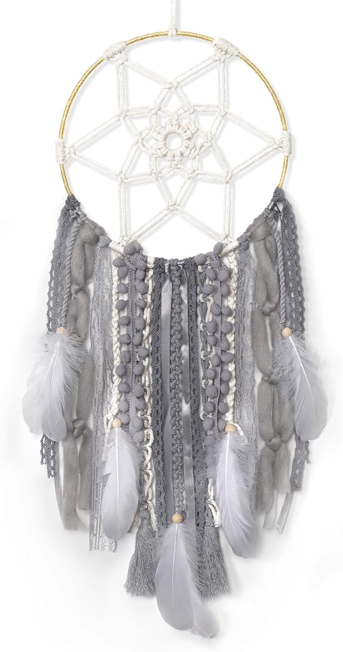 LOMOHOO Large Dream Catcher Handmade Feather Dreamcatcher, Traditional Dream Catchers with Woven Tassels Boho Wall Hanging for Girl Kids Bedroom Baby Room Home Decor Craft Ornament Gift (Grey)