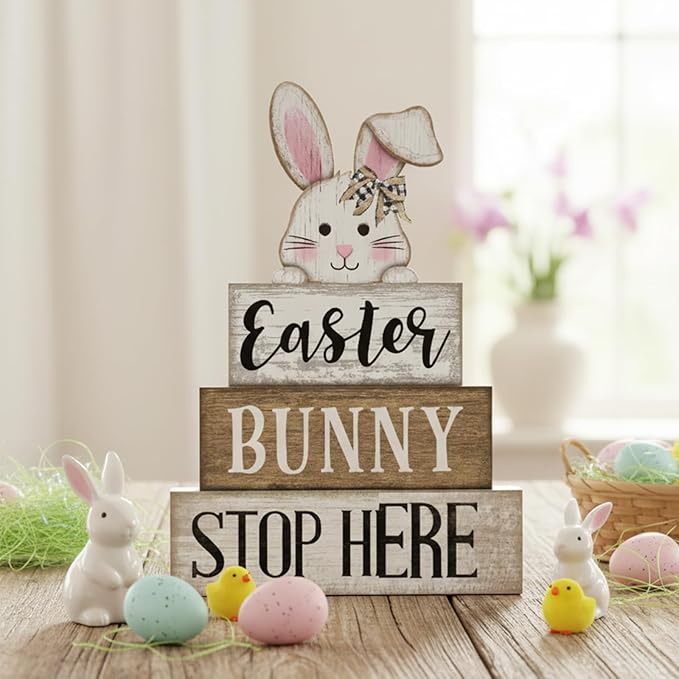 Moucuny 4 Pcs Easter Bunny Table Decoration Stacked Wooden Bunny Block Decor 3-tier Tabletop Sign with 3D Rabbit, Rustic Farmhouse Easter Decorations for Home Egg Hunt Party Centerpiece Gift