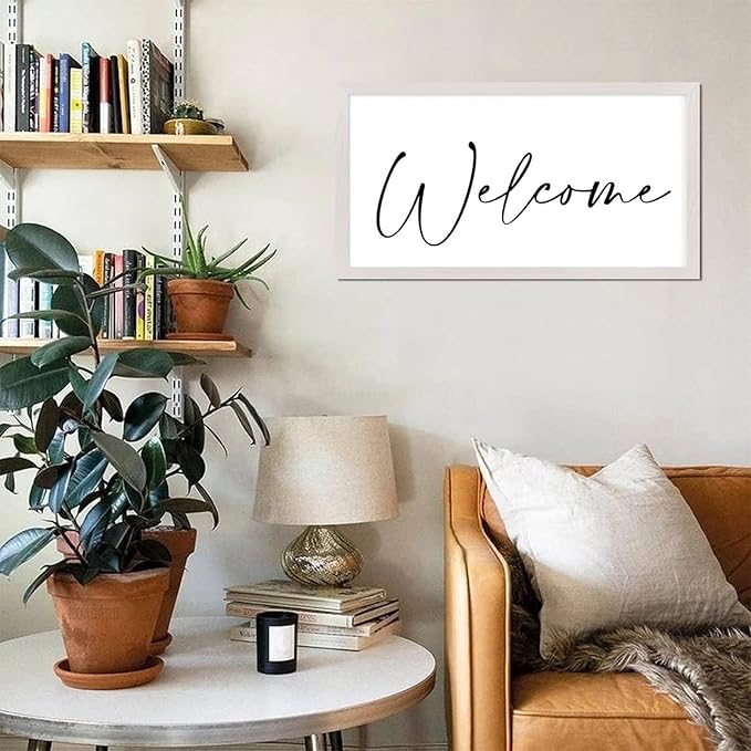 Retro Style Positive Saying Wood Sign with Religious Quotes Welcome White Frame Wooden Plaque for Bathroom Farmhouse Cottage Garden Yard Porch Cafe Bar Wall Decor Birthday Housewarming Gift 12x22in