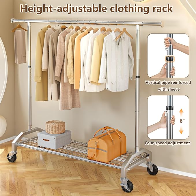 Clothes Rack for Hanging Clothes 350lbs Heavy Duty Clothing Rack 51 to 71" W x 16.53" D x 65" to 71" H Adjustable Rolling Clothes Rack Coat Rack Garment Rack 3" industrial Wheels Silver
