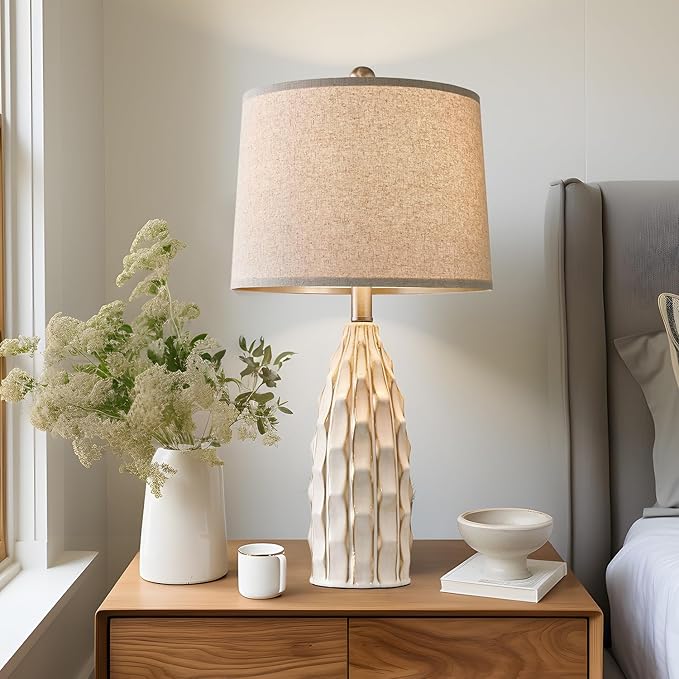 USumkky Ceramic Table Lamps Set of 2, 23.75" Modern Farmhouse Bedside Lamp - Cream Nightstand Lamps for Bedroom, Boho Living Room End Tables, Small Office Desk Lamp Decor