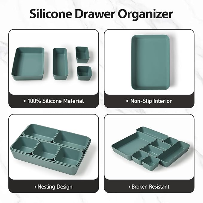 ISSEVE 8Pcs Nesting Silicone Drawer Organizer Trays, 4 Size Versatile Vanity Bathroom & Desk Drawer Organizer Set Storage Bins for Office,Kitchen,Nightstand,Green