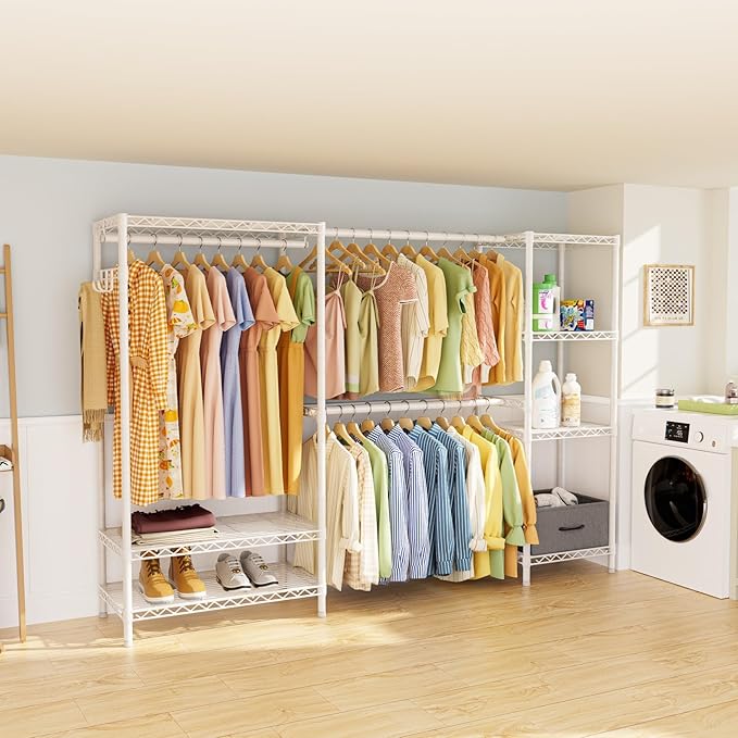 Coat Rack Clothes Wardrobe：Closet Organizer and Storage Clothing Garment Rack with Shelves Heavy Duty for Hanging Clothes Portable Adjustable White 15.8" Dx(70-88.5)" Wx76.5 H