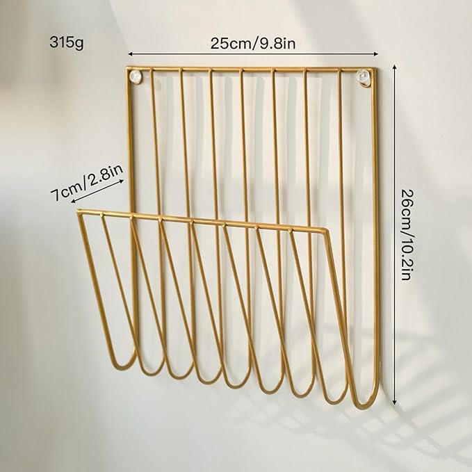 Gold Wall Mounted Magazine Rack and File Holder, A Sturdy Iron Organizer for Mail, Letters, Folders, and Papers,Decorative for Home Office or Study Room