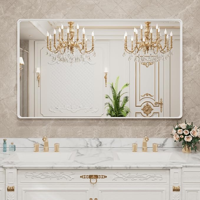 LOAAO 60x40 Inch White Metal Framed Bathroom Mirror for Wall, White Bathroom Vanity Mirror Farmhouse, Large Rounded Rectangle Mirror, Anti-Rust, Tempered Glass, Hangs Horizontally or Vertically