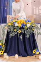 TINGE TIME Artificial Sweetheart Flower Swag with Tablecloth and Table Runner, Pack of 3 Floral Arrangement for Wedding Sweetheart Table Centerpiece Decoration Valentine's Day (Sunflower&RoyalBlue)