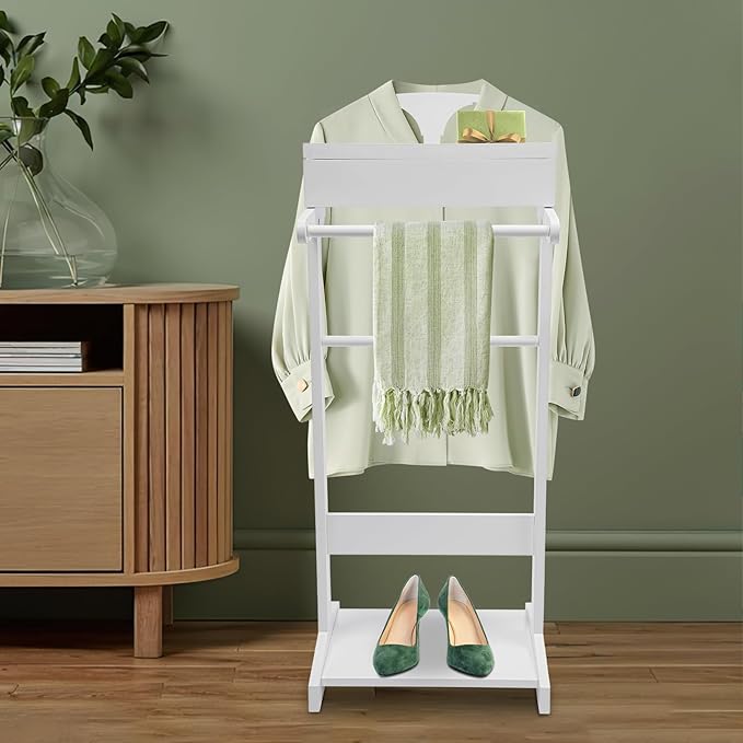 Suit Valet Stand, Wood Suit Stands Butler Clothing Rack, Freestanding Clothes Rack with Drawer Tray Shoe Rack for Organizes Ties, Belts, Shoes (White)