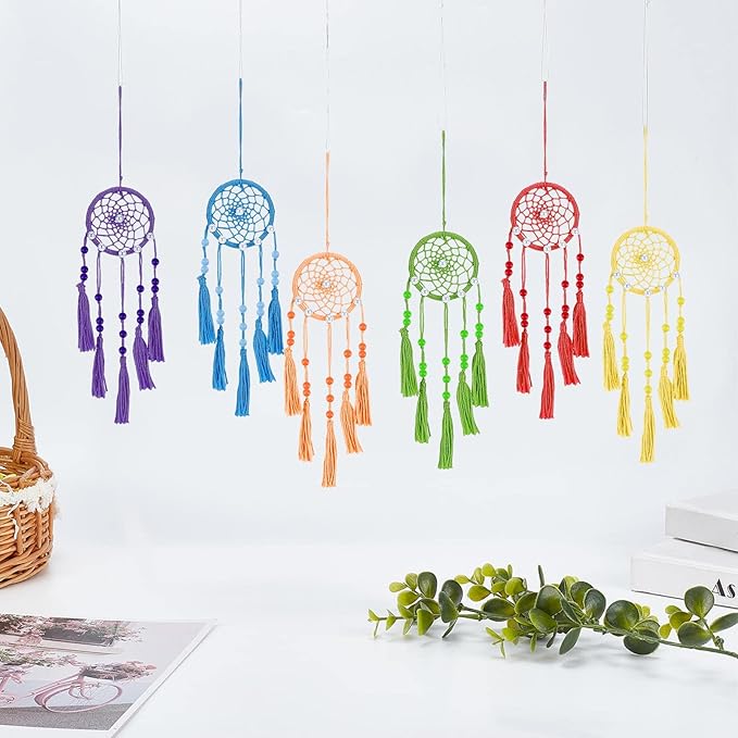 INFUNLY 6 Set Mini DIY Dream Catcher Kit - Rainbow Color Handmade Small Dream Catcher for Bag Pendant Car Interior Backpack Charm