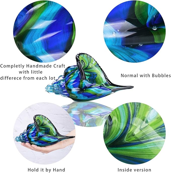 QFkris 8" Glass Conch Figurines, Hand Blown Seashell Art Glass Sculpture, Beautiful Home Decor, Crystal Paperweight